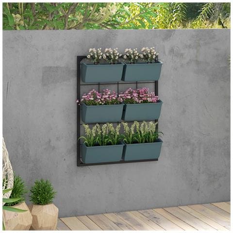 Orto Verticale A 3 Livelli Con 6 Vasi In Acciaio E Plastica, 52x14x66cm, Verde Scuro - Foto 2