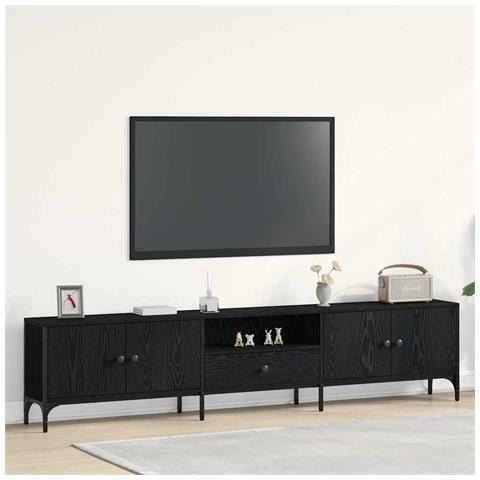 Mobile TV  con cassetto Nero Rovere 200x25x44 cm Legno ingegnerizzato - Foto 2