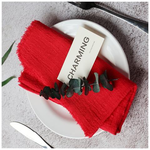 Set Di 12 Tovaglioli Da Tavola In Cotone - Orlo A Giorno, Bordo Sfilacciato, Mussola Per Matrimoni, Natale E Decorazioni Tavola Red - Foto 4