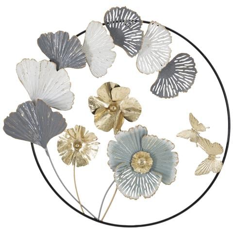 Pannello Decorativo Da Parete Campur Round Tondo Con Fiori, Ginkgo E Farfalla In Ferro Bianco E Oro 78x74 Cm - Foto 1