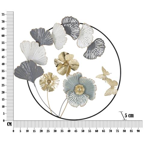 Pannello Decorativo Da Parete Campur Round Tondo Con Fiori, Ginkgo E Farfalla In Ferro Bianco E Oro 78x74 Cm - Foto 6
