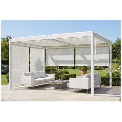 Pergola Bioclimatica Autoportante Piana 4x3m In Alluminio Bianco Con Tende A Rullo Retrattili Su 2 Lati (3m + 4m) - Foto 1