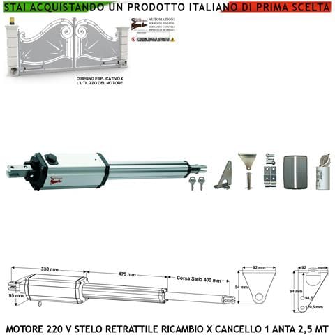 Motore Elettromeccanico Cancello Elettrico 220 V Stelo Retrattile Corsa 400 Mm Anta Battente 2,5 Metri Spinta 250 Kg S - Foto 1