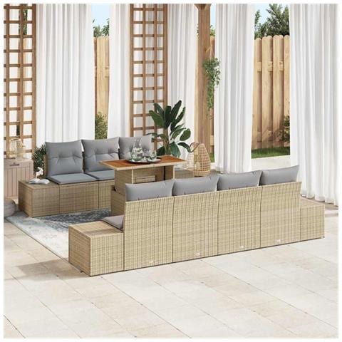 Set di Divani da Giardino da 8 Pezzi con Cuscini Beige Rattan Poliestere - Foto 2