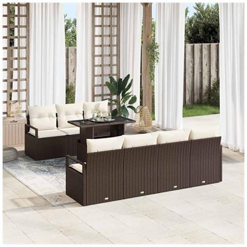 Set di Sofà da Giardino a 8 Pezzi con Cuscini Marrone Polyrattan,  Sofà da Giardino per 2 Persone con Cuscini Marrone Polyrattan - Foto 2
