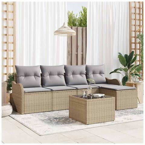 Set Divano da Giardino a 6 Pezzi con Cuscini in Rattan Polietilene Neri,  Divano da Giardino per 2 Persone con Cuscini in Rattan Polietilene Beige - Foto 2