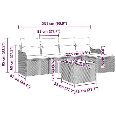 Set Divano da Giardino a 6 Pezzi con Cuscini in Rattan Polietilene Neri,  Divano da Giardino per 2 Persone con Cuscini in Rattan Polietilene Beige - Foto 9