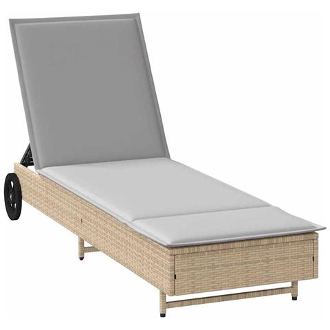 Lettino Prendisole con Ruote e Cuscino in Polyrattan Beige - Foto 1