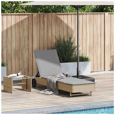 Lettino Prendisole con Ruote e Cuscino in Polyrattan Beige - Foto 2