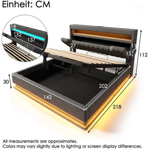 Letto Imbottito Idraulico 140x200cm, Letto Matrimoniale, Letto Contenitore Con Connessioni Usb E Tipo C, Illuminazione Led Alla Testa E Ai Piedi Del Letto, Lino, Grigio, Con Materasso - Foto 2