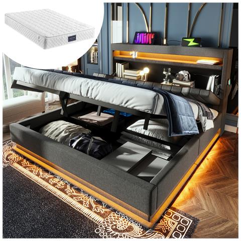 Letto Imbottito Idraulico 140x200cm, Letto Matrimoniale, Letto Contenitore Con Connessioni Usb E Tipo C, Illuminazione Led Alla Testa E Ai Piedi Del Letto, Lino, Grigio, Con Materasso - Foto 1