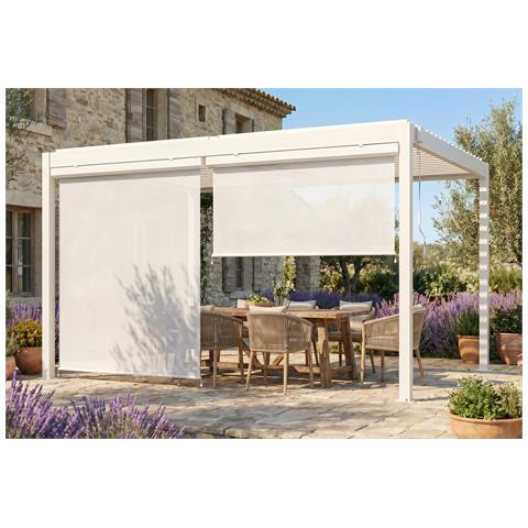 Pergola Bioclimatica Autoportante Piana 4x3m In Alluminio Bianco Con Tende A Rullo Retrattili Sul Lato Da 4 M - Foto 1