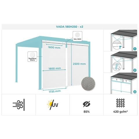 Pergola Bioclimatica Autoportante Piana 4x3m In Alluminio Bianco Con Tende A Rullo Retrattili Sul Lato Da 4 M - Foto 8