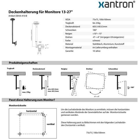 Supporto A Soffitto Per Monitor Tv 13-27"" Orientabile, Inclinabile, Regolabile In Altezza, Deha-410-b - Foto 2