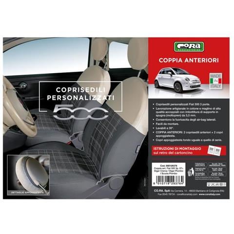 Coprisedili Anteriori Personalizzati Fiat 500 07> Tess. Misto Cotone Scozzese Grigio/panna - Foto 3