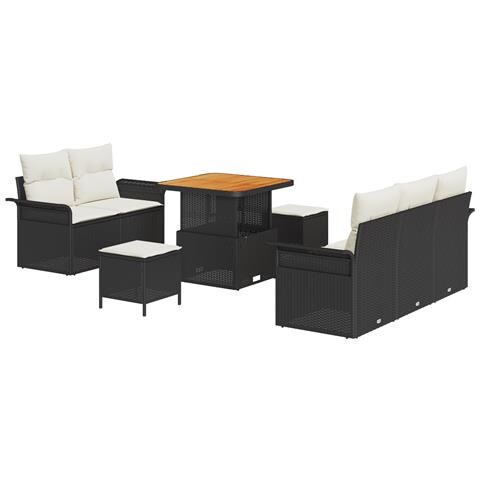 Set di divani da giardino  8 pezzi con cuscini in polirattan nero e acacia, Divano da giardino 2 posti  con cuscini in polirattan nero, Set da pranzo da giardino  3 pezzi con cuscini in polirattan nero e acacia - Foto 1