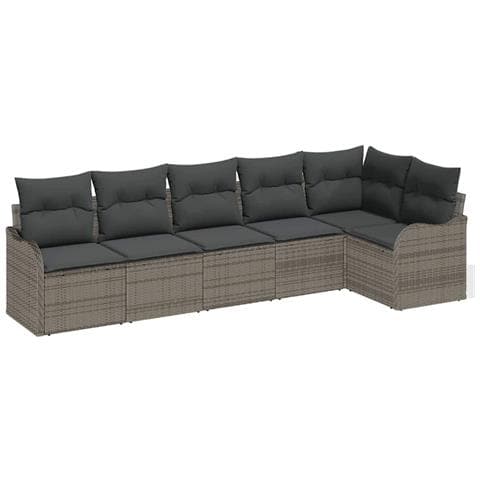 Set Divano da Giardino a 6 Pezzi con Cuscini in Rattan Poliplayer Grigio, Divano da Giardino a 2 Posti con Ripostiglio e Cuscini in Rattan Poliplayer Grigio - Foto 1