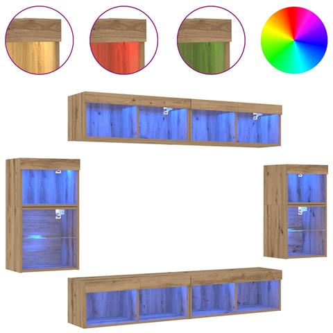 Unità TV da 8 pezzi con luci LED in legno ingegnerizzato e finitura in rovere artigianale - Foto 1