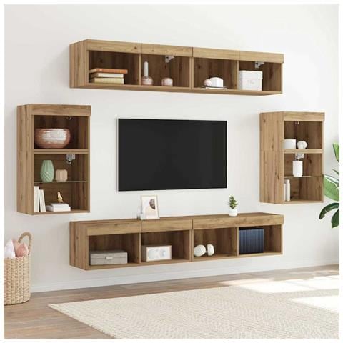 Unità TV da 8 pezzi con luci LED in legno ingegnerizzato e finitura in rovere artigianale - Foto 2