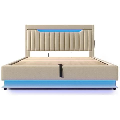 Letto Imbottito Idraulico 160x200cm, Letto Matrimoniale, Letto Contenitore Con Connessioni Usb E Tipo C, Illuminazione Led Alla Testa E Ai Piedi Del Letto, Lino, Beige, Con Materasso - Foto 4
