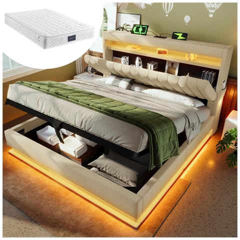 Letto Imbottito Idraulico 160x200cm, Letto Matrimoniale, Letto Contenitore Con Connessioni Usb E Tipo C, Illuminazione Led Alla Testa E Ai Piedi Del Letto, Lino, Beige, Con Materasso - Foto 1