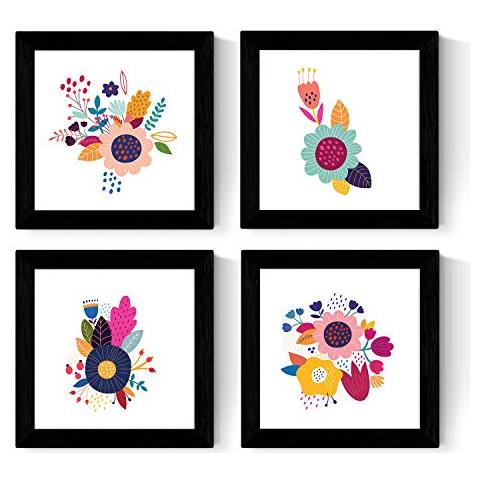Set Di 4 Stampe Fogli Di Forma Quadrata Con Illustrazioni Fiori Multicolori Stile Scandinavo Nordico Cornice Nera 30x30 Cm - Foto 1