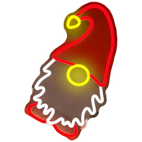 Insegna Al Neon A Led - Gnomo Con Cappello Di Babbo Natale 40x22cm, Luce Decorativa Alimentata Tramite Usb - Foto 1