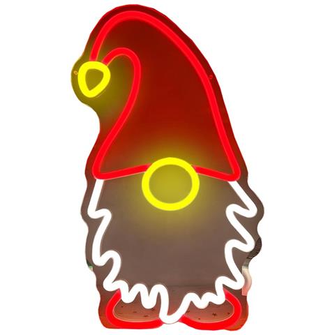 Insegna Al Neon A Led - Gnomo Con Cappello Di Babbo Natale 40x22cm, Luce Decorativa Alimentata Tramite Usb - Foto 2