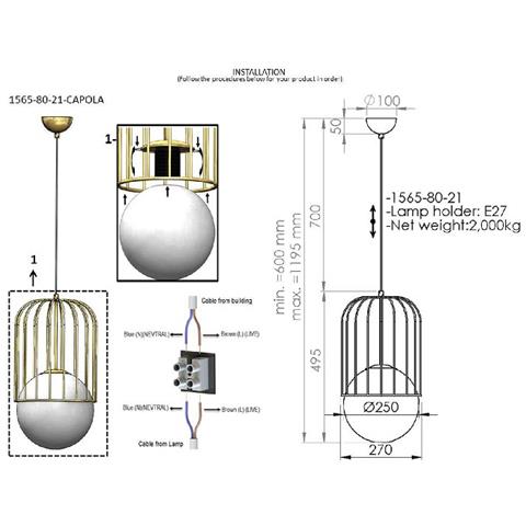 Lampada A Sospensione Capola - Lampadario - Da Soffitto - Oro In Metallo, Vetro, 25 X 25 X 115 Cm, 1 X E27, Max 40w - Foto 3