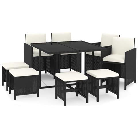 Set Da Pranzo Da Giardino 9 Pz Con Cuscini In Polyrattan Nero - Foto 1