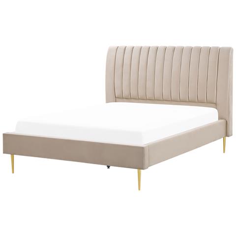 Letto Con Rete A Doghe Velluto Beige Sabbia E Oro 160 X 200 Marville - Foto 1