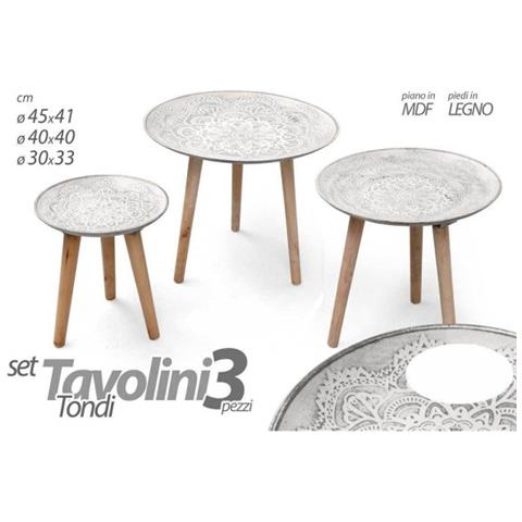 Trade Shop - Set 3 Tavolini Piedi In Legno Salotto Giardino Decorati Ø45-40-30cm Tondi 783951 - Foto 1