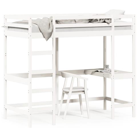 Letto Soppalco Con Scrivania Bianco 90x200 Cm Massello Pino - Foto 8