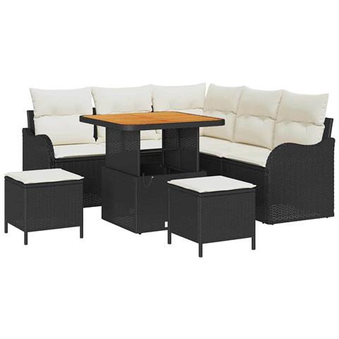 Set di divani da giardino  8 pezzi con cuscini in polyrattan nero di acacia, Divano da giardino 2 posti  con stoccaggio e cuscini in polyrattan nero, Set da pranzo da giardino 3 pezzi con cuscini in polyrattan nero di acacia - Foto 1