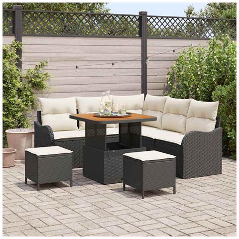 Set di divani da giardino  8 pezzi con cuscini in polyrattan nero di acacia, Divano da giardino 2 posti  con stoccaggio e cuscini in polyrattan nero, Set da pranzo da giardino 3 pezzi con cuscini in polyrattan nero di acacia - Foto 2