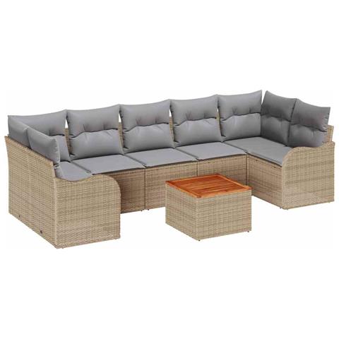Set di divani da giardino da 8 pezzi con cuscini Beige Rattan Poly Acacia, Divano da giardino a 2 posti con cuscini Beige Rattan Poly - Foto 1