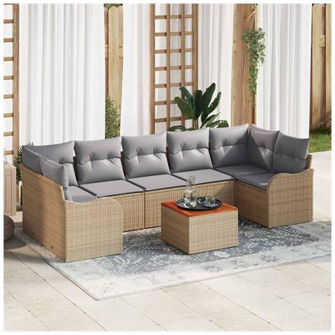 Set di divani da giardino da 8 pezzi con cuscini Beige Rattan Poly Acacia, Divano da giardino a 2 posti con cuscini Beige Rattan Poly - Foto 2