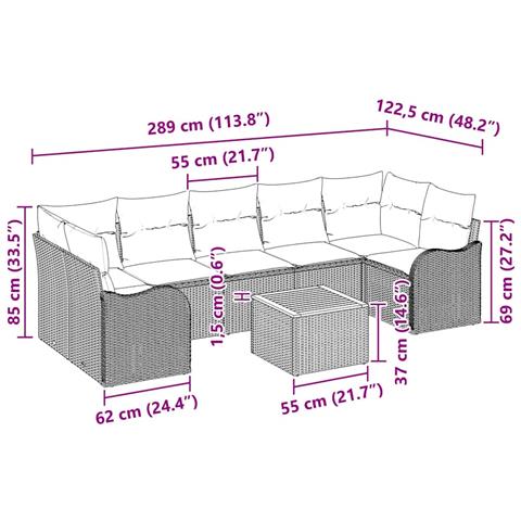 Set di divani da giardino da 8 pezzi con cuscini Beige Rattan Poly Acacia, Divano da giardino a 2 posti con cuscini Beige Rattan Poly - Foto 9