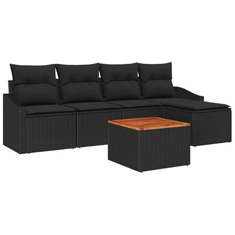 Set Divano da Giardino 6 Pezzi con Cuscini Nero Polyrattan Acacia - Foto 1