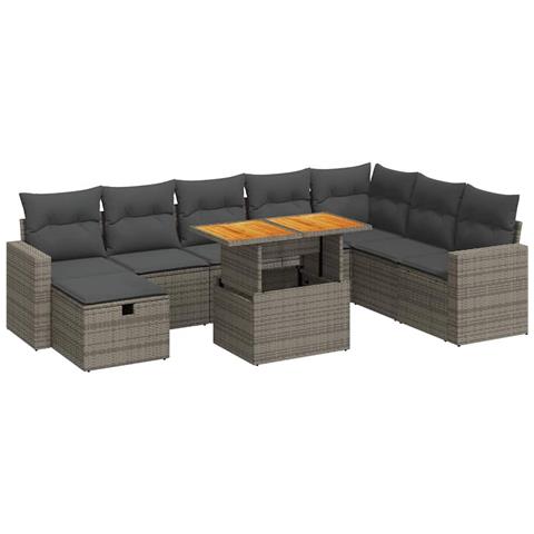 Set Divano da Giardino 9pz con Cuscini Grigio Polyrattan Acacia - Foto 1
