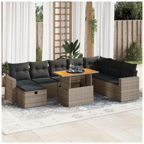 Set Divano da Giardino 9pz con Cuscini Grigio Polyrattan Acacia - Foto 2