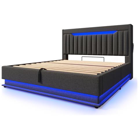 Letto Imbottito Idraulico 160x200cm, Letto Matrimoniale, Letto Contenitore Con Connessioni Usb E Tipo C, Illuminazione Led Alla Testa E Ai Piedi Del Letto, Lino, Grigio, Con Materasso - Foto 4