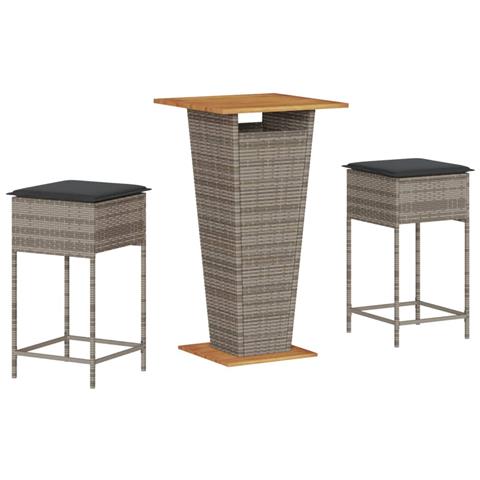 Set Bar da Giardino 3pz con Cuscini Grigio in Polyrattan - Foto 1