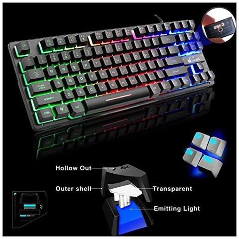 K16 Wired 87keys Gaming Keyboard Meccanica Sentirsi Dellarcobaleno Retroilluminato A Led Impermeabile Ergonomico 16keys Anti Ghosting Pc Gaming Keyboard Per Pc Ufficio Giochi (k16-nero)  - Foto 2