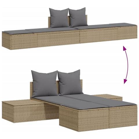 Lettino Prendisole Con Cuscini Beige In Polyrattan - Foto 3