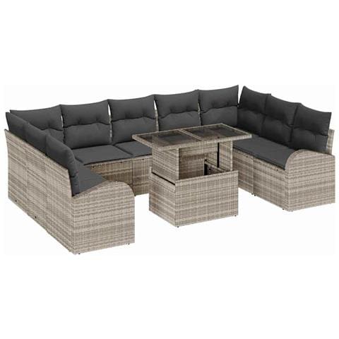 Set di Sofà da Giardino con 10 Pezzi e Cuscini Grigio Chiaro Polirattan, Sofà da Giardino per 2 Persone con Ripostiglio e Cuscini Grigio Chiaro Polirattan - Foto 1