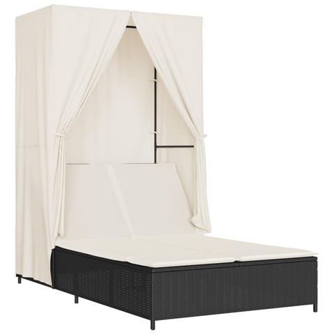 Lettino Prendisole con Tetto e Tende Nero in Polyrattan - Foto 1