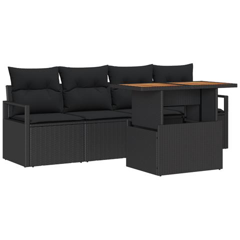 Set Divano da Giardino 5 Pezzi con Cuscini Polyrattan Nero Acacia, Divano da Giardino 2 Posti con Cuscini Polyrattan Nero - Foto 1
