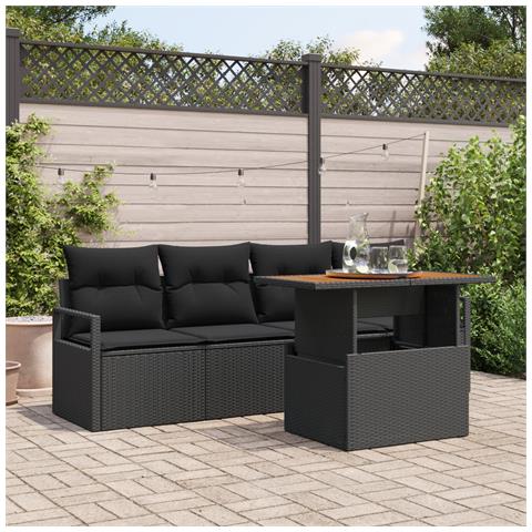 Set Divano da Giardino 5 Pezzi con Cuscini Polyrattan Nero Acacia, Divano da Giardino 2 Posti con Cuscini Polyrattan Nero - Foto 2