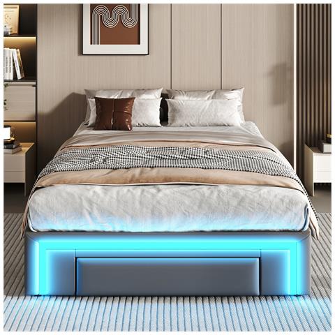 Letto A Doghe In Metallo 90x200cm, Con Luce Led E Cassetti, Senza Testata, Per Camere Da Letto, Pelle Pu, Grigio, Senza Materasso - Foto 2
